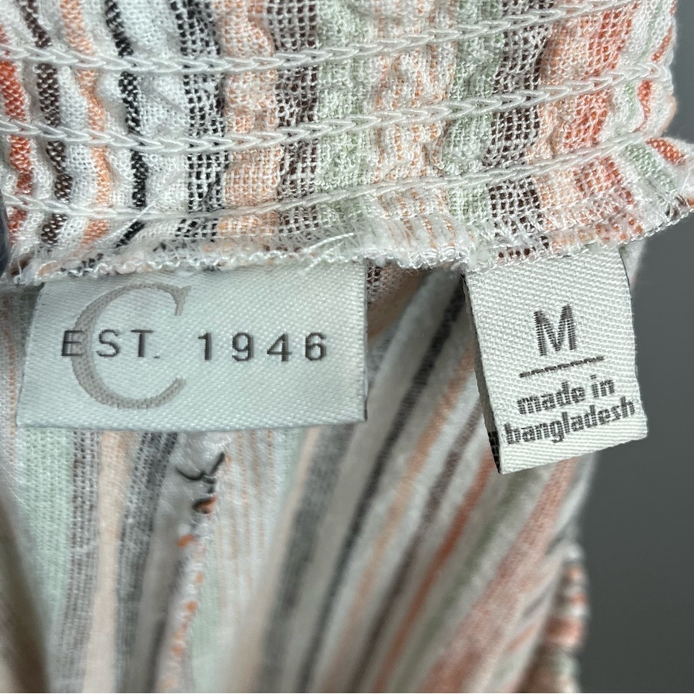 Cato linen blend ivory peach & green striped smocked waist wide leg pants, Med. - Picture 8 of 10
